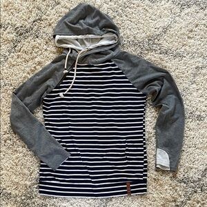 Womens Ampersand Ave. White and Navy Striped Hoodie with gray sleeves Size M